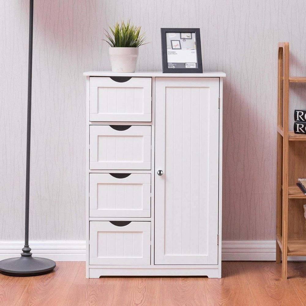 Bathroom Floor Cabinet with 4 Drawers & Cupboard, Side Storage Organizer with 2 Open Shelves, Freestanding Bathroom Vanity Cabinet for Small Spaces, White