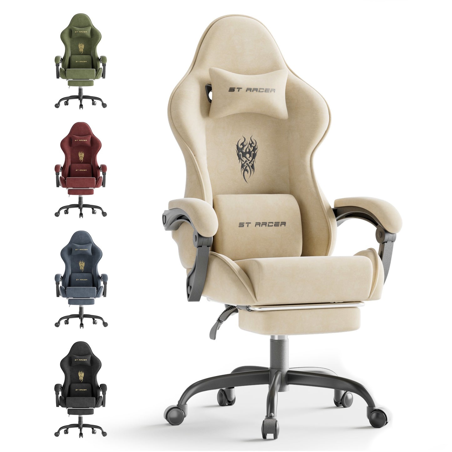 Beczeeb Ergonomic Velvet Fabric Gaming Chair, High Back Gamer Chair with Massage And Footrest, Reclining Computer Office Chair for Adults, Racing Style Video Game Chair with Headrest