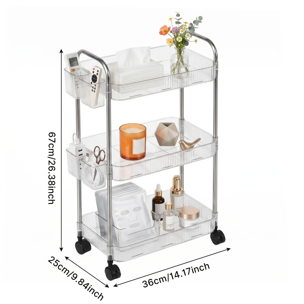 3-Tier Acrylic Rolling Storage Cart with 3 Hanging Boxes - Rolling Bathroom Cart for Cosmetics, Skincare & Snacks, 360° Wheels, Slim Utility Cart Under 27" Height