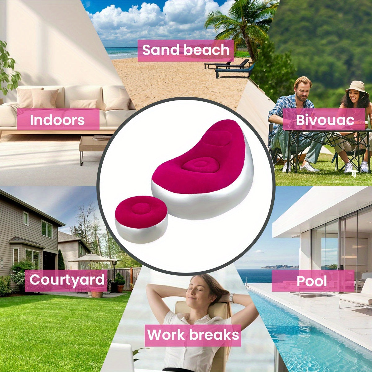 Adult Inflatable Deck Chairs Recliner with Foot Stool Inflatable Patio Lounge Sofa with Foot Pump Heavy-Duty Portable Folding Air Couch Ultra Lounge Space-Saving Indoor/Outdoor Lounge Chair for Living Room Camping Travel Balcony-Easy Setup & Storage