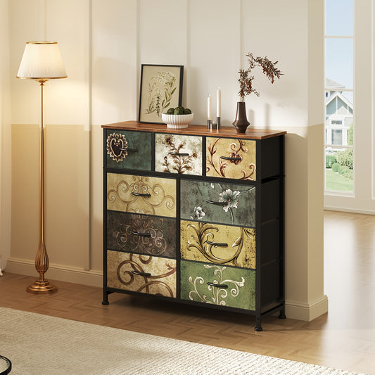 Medieval Modern Storage Cabinet with 5/7/8/9-Drawer Options - Heavy-Duty Steel Frame & Non-Deformable Drawers, Vintage Floral Texture, Freestanding /Particle Board Furniture Suitable for Home, Office, Bedroom, - Assembly Required