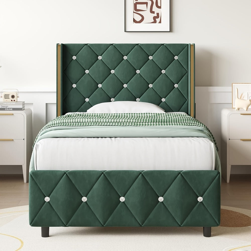 Diamond Tufted Bed Frame with Wingback Headboard & Silvery Side Wings – Upholstered, No Box Spring, Twin Full Queen King, 6 Colors