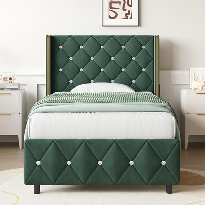 Diamond Tufted Bed Frame with Wingback Headboard & Silvery Side Wings – Upholstered, No Box Spring, Twin Full Queen King, 6 Colors