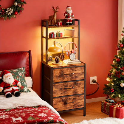 LED Nightstand with Charging Station & USB Ports, 41'' Tall 3-Drawer Bedside Table, PU Fabric End Table for Bedroom Dorm Apartment Small Space