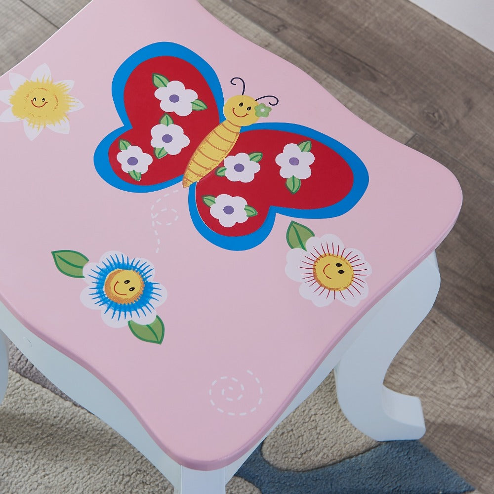 Girls Vanity Table Set with Mirror & Stool, Wooden Fairy Princess Makeup Desk with Storage Drawer for Kids, Toddler Bedroom Dressing Table, Perfect Birthday Gift for Girls