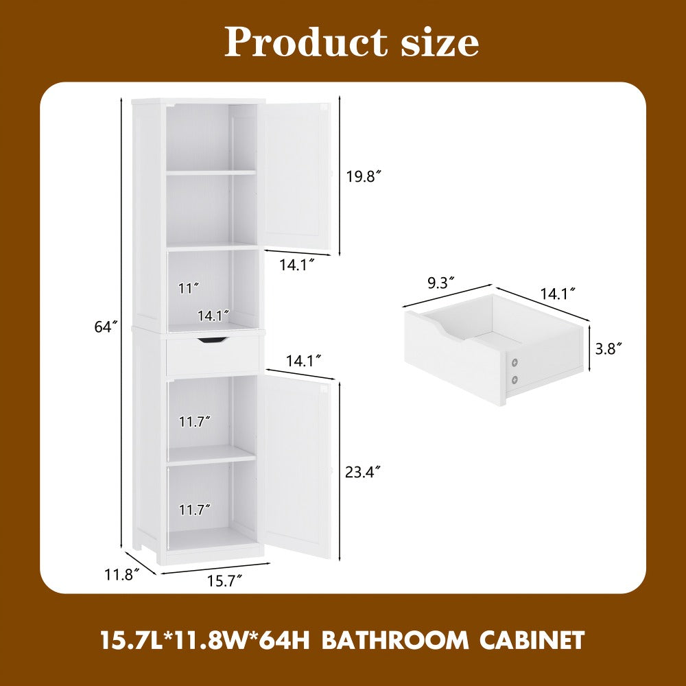 5-Tier Narrow Freestanding Storage Cabinet with 1 Drawer & 2 Doors White, Space-Saving Tower Shelf Floor Cabinet for Bathroom Kitchen Living Room Small Spaces