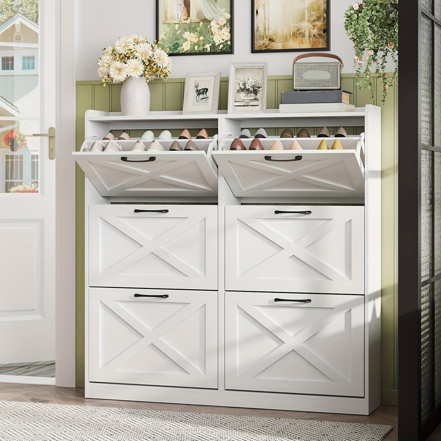 Washed Gray Shoe Storage Cabinet with 6 Flip Drawers | Narrow Freestanding Shoe Cabinet and Shoe Storage Organizer with Metal Handles for Entryway, Large Shoe Rack Organizer, Modern Farmhouse Style, Ideal for Shoe Racks, Made of Particle Board