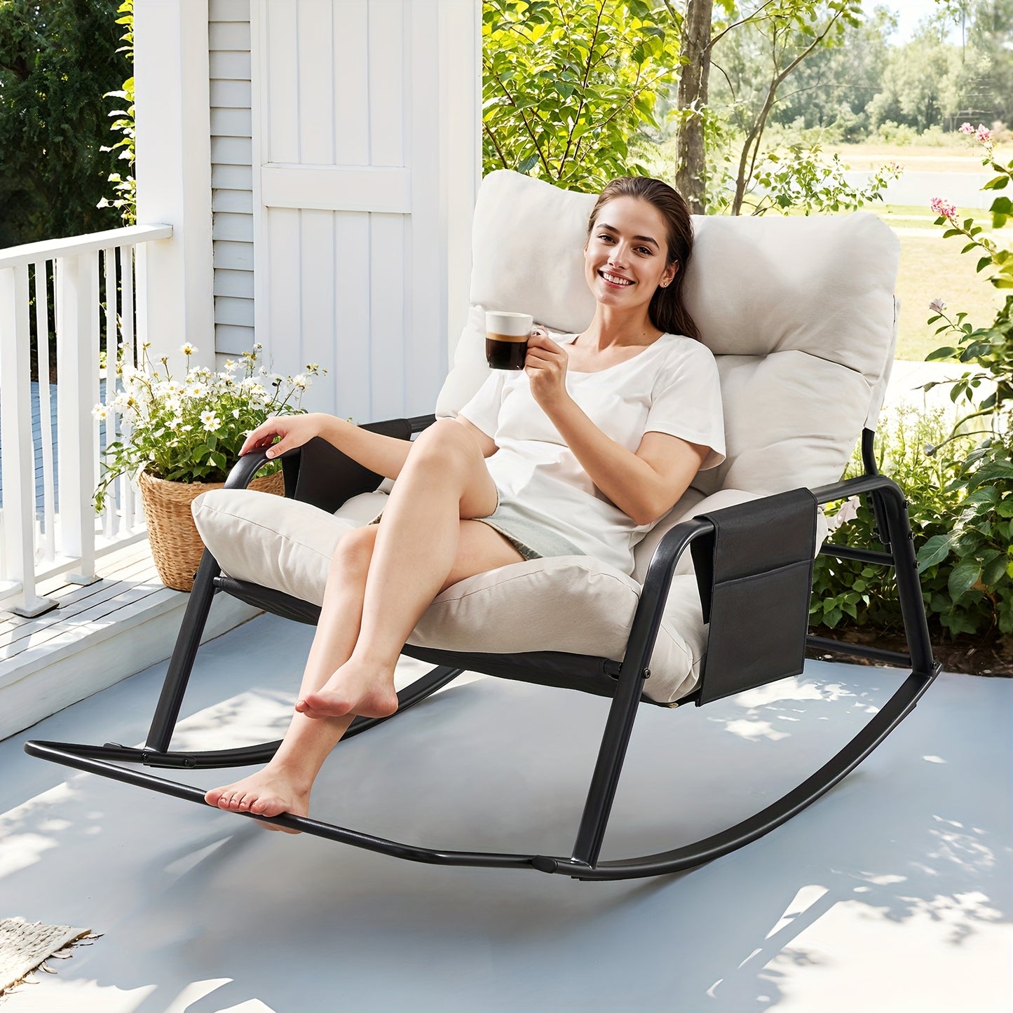 [Outdoor Patio Rocking Chair] Extra Large Papasan Chair (1-Pack/2-Pack Available), Outdoor Patio Rocking Chair, Lounge Egg Chair, Comfortable Reading Chair With Cushion For Deck/Garden/Patio/Camping, Outdoor Patio Furniture