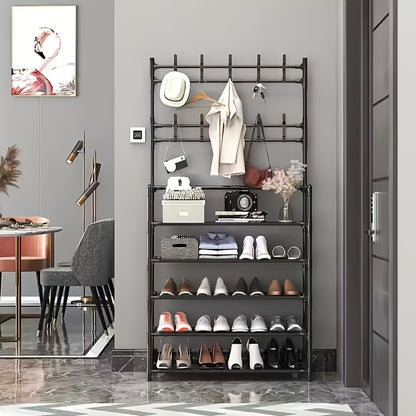 Coat Rack, 5-tier Multifunctional Metal Coat Rack with 10 Double Hooks - Space-saving Storage Solution for Entryways, Living Rooms, Bathrooms And Hallways - Separate Entryway Shoe Rack for Ample Storage Space