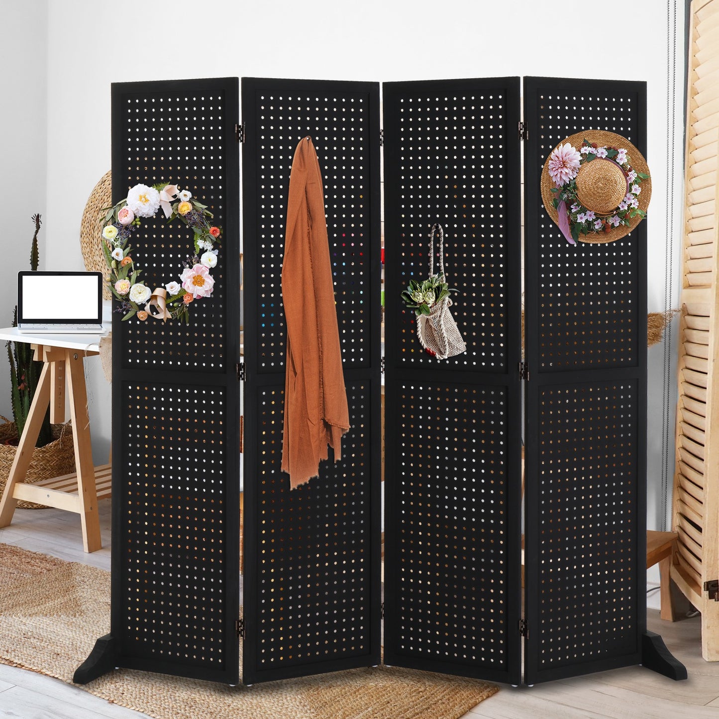VINGLI Freestanding Pegboard with Support Feet, 5 FT Wood Room Divider Display Board Organizer, Folding Privacy Screen Partition Space Separator for Craft Shows Events Retail