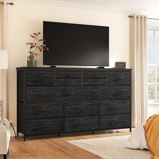 [16 Drawers Storage Cabinet] Fabric Drawer Storage Cabinet, 16 Drawers, Long, Black Wood Grain/White/Tiger Stripe/Medium Gray