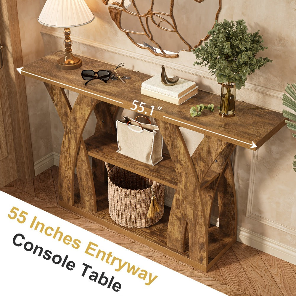 55 Inch Rustic Console Table X-Shaped Legs 2-Tier Shelf – Wooden Sofa Table for Living Room Entryway Hallway & Behind Couch, Light Brown & Tiger Brown