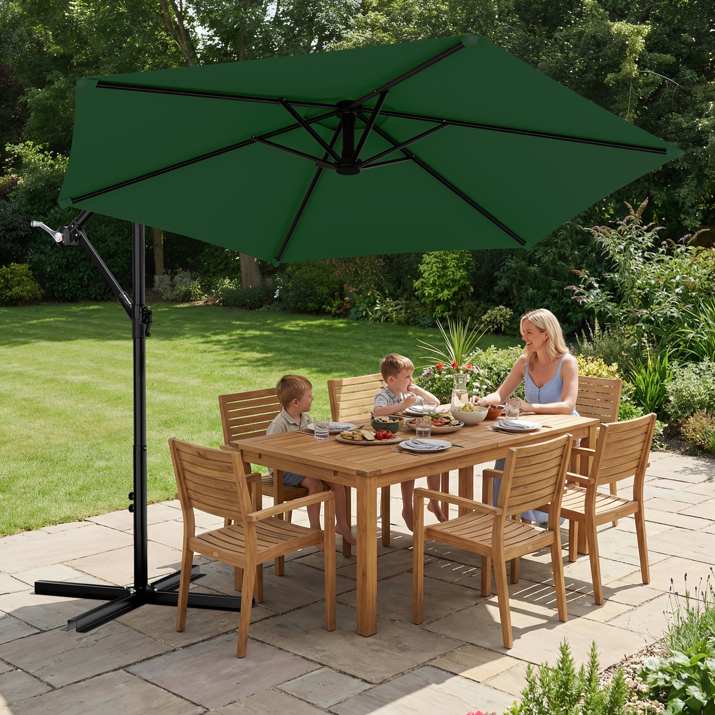 10-Foot Cantilever Patio Umbrella Featuring an Infinite Tilt Mechanism, Offset Outdoor Umbrella with a Cross Base, Durable Crank Lift Market Umbrella Suitable for Yards, Gardens, And Decks (Weighted Base Sold Separately)