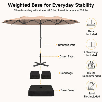 [Extra Large Shade Area] 1pc 15Ft Patio Umbrella with Base Included, Extra Large Shade Area, Double-Sided Rectangle with Crank Handle for Poolside, Garden, Yard, Beige/Blue/Red