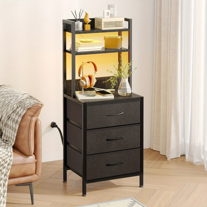 LED Nightstand with Charging Station & USB Ports, 41'' Tall 3-Drawer Bedside Table, PU Fabric End Table for Bedroom Dorm Apartment Small Space
