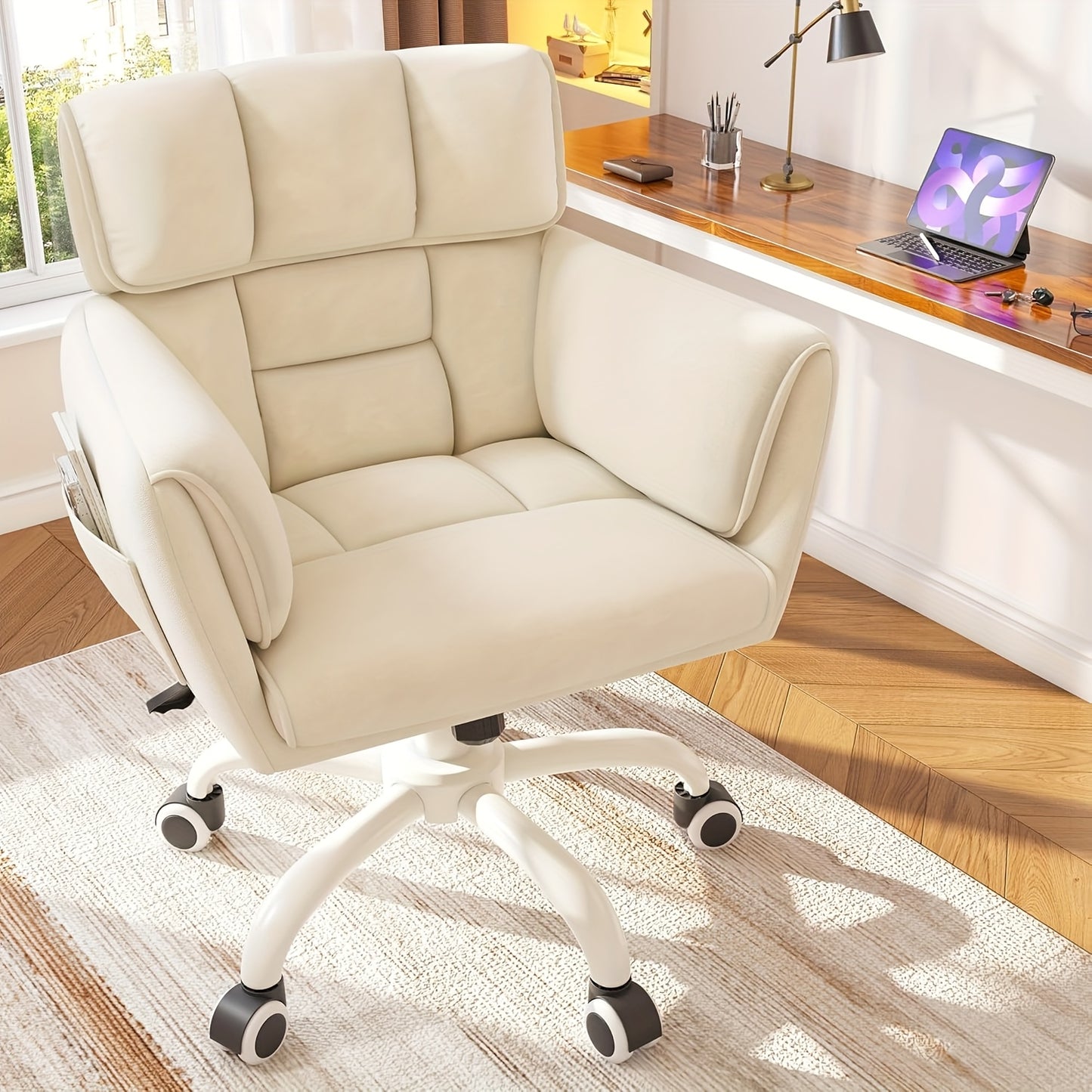 Vanity Chair Skin-Friendly Material with Mid-Back, Modern Adjustable Height Upholstered Swivel Chair with Wheels, Desk Chairs Comfy with Side Pockets for Bedroom