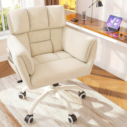 Vanity Chair Skin-Friendly Material with Mid-Back, Modern Adjustable Height Upholstered Swivel Chair with Wheels, Desk Chairs Comfy with Side Pockets for Bedroom