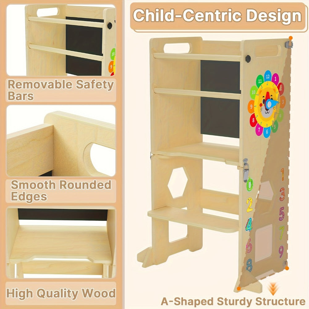 4-in-1 Toddler Learning Tower Foldable Wood Step Stool with Learning Clock & Blackboard, Kids Kitchen Helper Climbing Ladder for Motor Skills Development, Montessori Toddler Furniture, Khaki