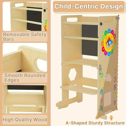 4-in-1 Toddler Learning Tower Foldable Wood Step Stool with Learning Clock & Blackboard, Kids Kitchen Helper Climbing Ladder for Motor Skills Development, Montessori Toddler Furniture, Khaki
