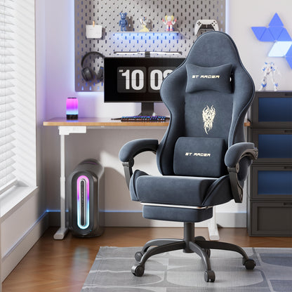 Beczeeb Ergonomic Velvet Fabric Gaming Chair, High Back Gamer Chair with Massage And Footrest, Reclining Computer Office Chair for Adults, Racing Style Video Game Chair with Headrest