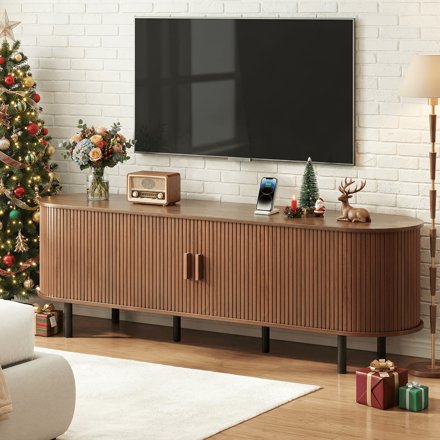 PAZCASA 70.8 Inch/55 Inch TV Stand with Power Outlet for Tvs Up to 75 Inch, Entertainment Center with Storage And Adjustable Shelves, Modern Media Console with Sliding Doors for Living Room, Walnut/Black/Oak