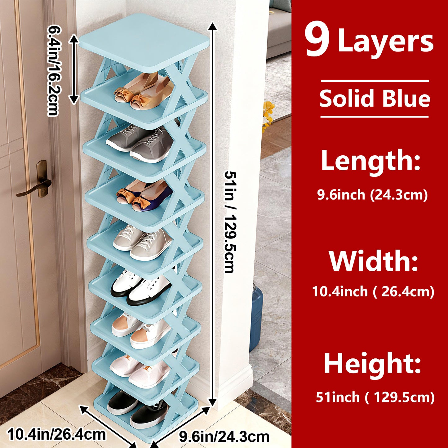 6/9 Tier Narrow Shoe Rack Give Away Shoehorns, Small Vertical Shoe Stand, Space Saving DIY Free Standing Shoes Storage Organizer for Entryway, Closet, Hallway, Easy Assembly and Stable in Structure, White and Green / Black / Blue