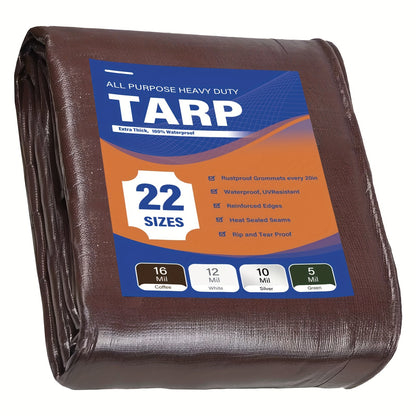 Super Heavy Duty 16 Mil Brown Poly Tarp Cover | UV Resistant, Thick Waterproof, Rip and Tear Proof Tarpaulin with Grommets and Reinforced Edges, PVC Coating, 1000D × 1000D Yarn Spec