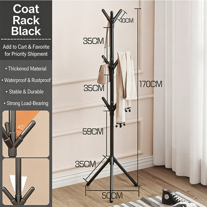 Metal Coat Rack Stand with 9 Hooks, Freestanding Entryway Coat Hanger for Clothes Hats Bags Jackets Umbrellas, Heavy Duty Upgraded Hall Tree Organizer for Bedroom Living Room Home Office