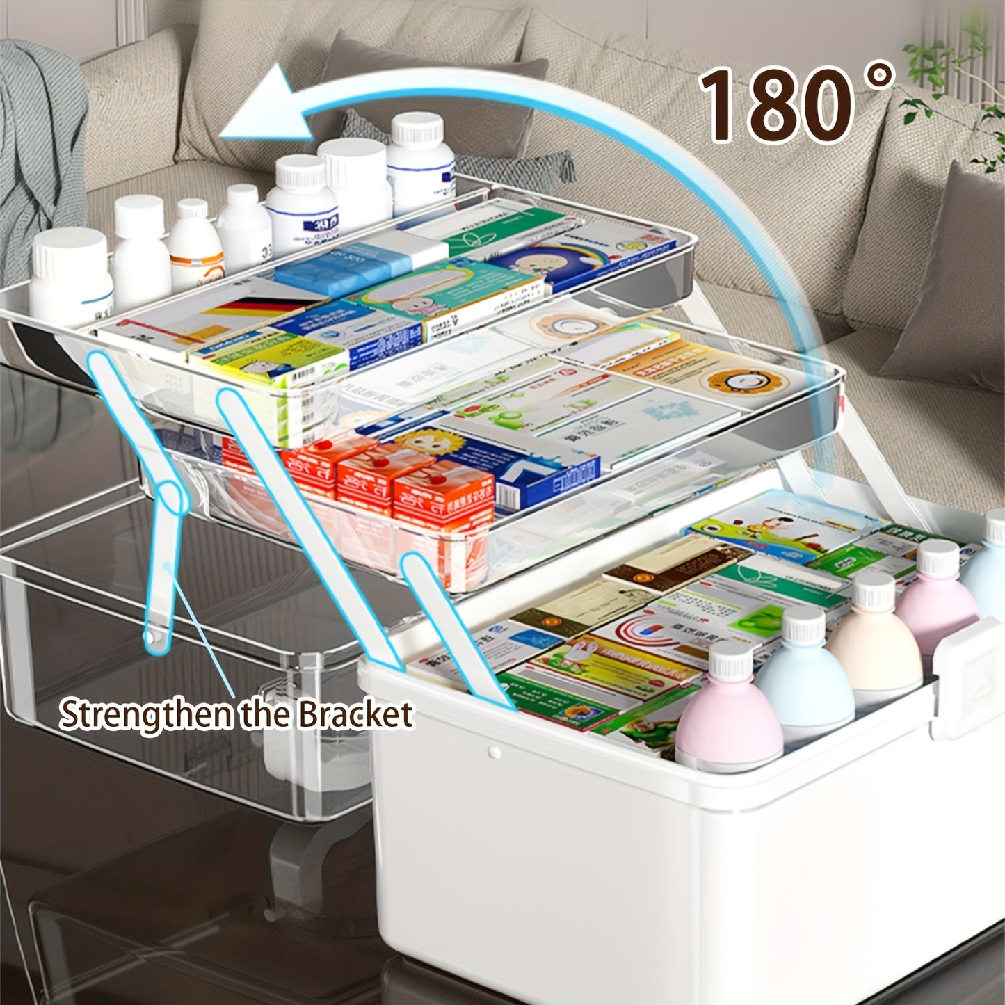 Large-Capacity Multi-Tier Medication & First Aid - Plastic Medicine Chest with Freestanding, Suitable for Home Organization, Emergency Box for Medicines,, Small Tools, Polypropylene