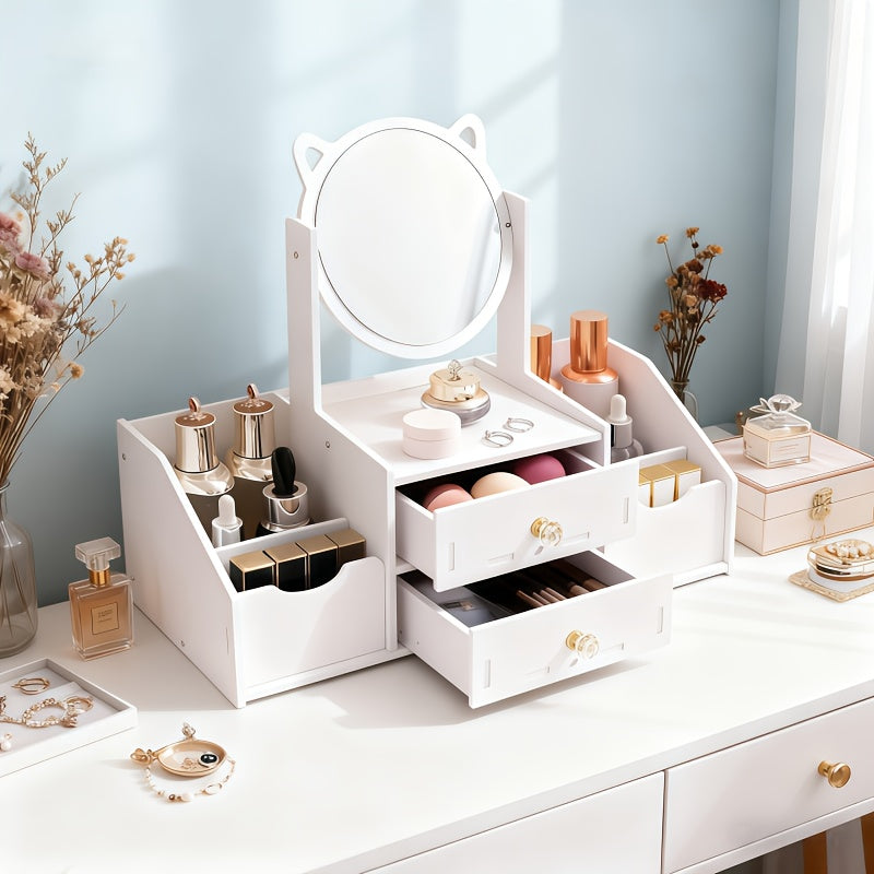 Elegant White Makeup Mirror with Storage Cabinet, Polished Surface, Space-Saving Design, Durable High-Quality Material, Sturdy Structure, Manual Assembly, Suitable for Cosmetics and Jewelry Storage