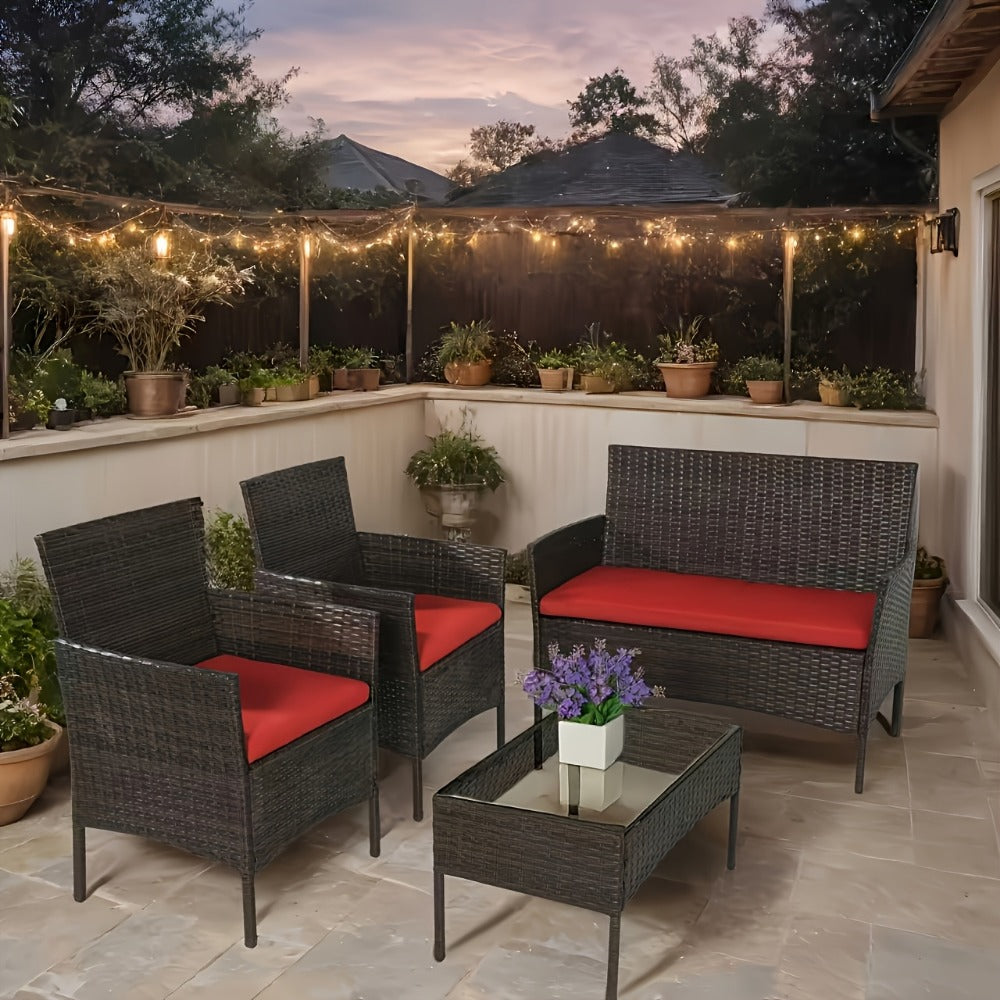 4-Piece Wicker Patio Conversation Set with Side Table and Two Cushions detail image - detail view 3