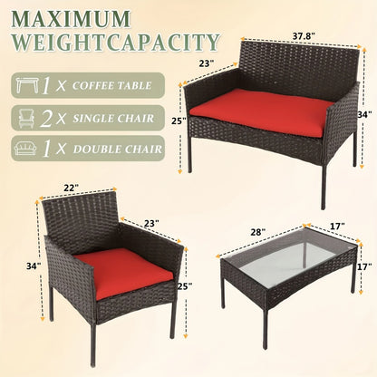 4-Piece Wicker Patio Conversation Set with Side Table and Two Cushions detail image - detail view 4