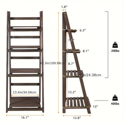 4-Tier Foldable Plant Stand with Solid Wood Construction and Open Shelves detail image