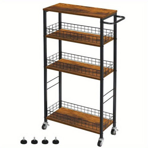 Storage Cart, 4-Tier Slim Rolling with Wooden Tabletop & Metal Handle, 7.3" Narrow Kitchen shown in the main product view