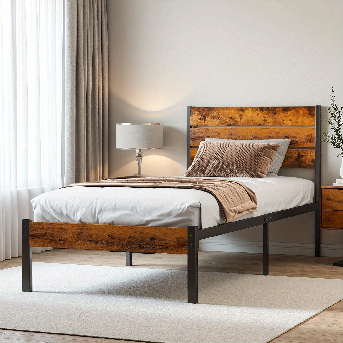 Metal Frame Bed Frame with Headboard, No Box Spring, Features Sturdy Wood Slats to Support 800 Lbs, Can Be Purchased Separately Or with a 2pcs Bedside Organizer (Fabric Drawer with 2 Storage Unit Compartments), Suitable for Bedroom, Living Room