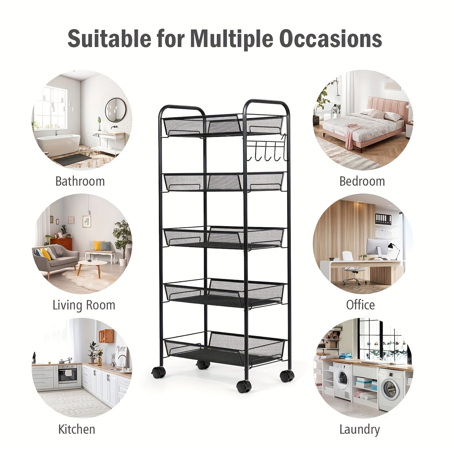 Mobile Metal Storage Shelf - 3/4/5-Tier Metal Kitchen Trolley With Hooks, Rolling Cart With 360° Swivel Wheels, Mesh Basket Layered Organizer For Narrow Gap, Kitchen, Bathroom, Office, Study, Garage, Ideal Storage Cart
