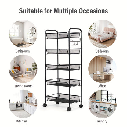 Mobile Metal Storage Shelf - 3/4/5-Tier Metal Kitchen Trolley With Hooks, Rolling Cart With 360° Swivel Wheels, Mesh Basket Layered Organizer For Narrow Gap, Kitchen, Bathroom, Office, Study, Garage, Ideal Storage Cart