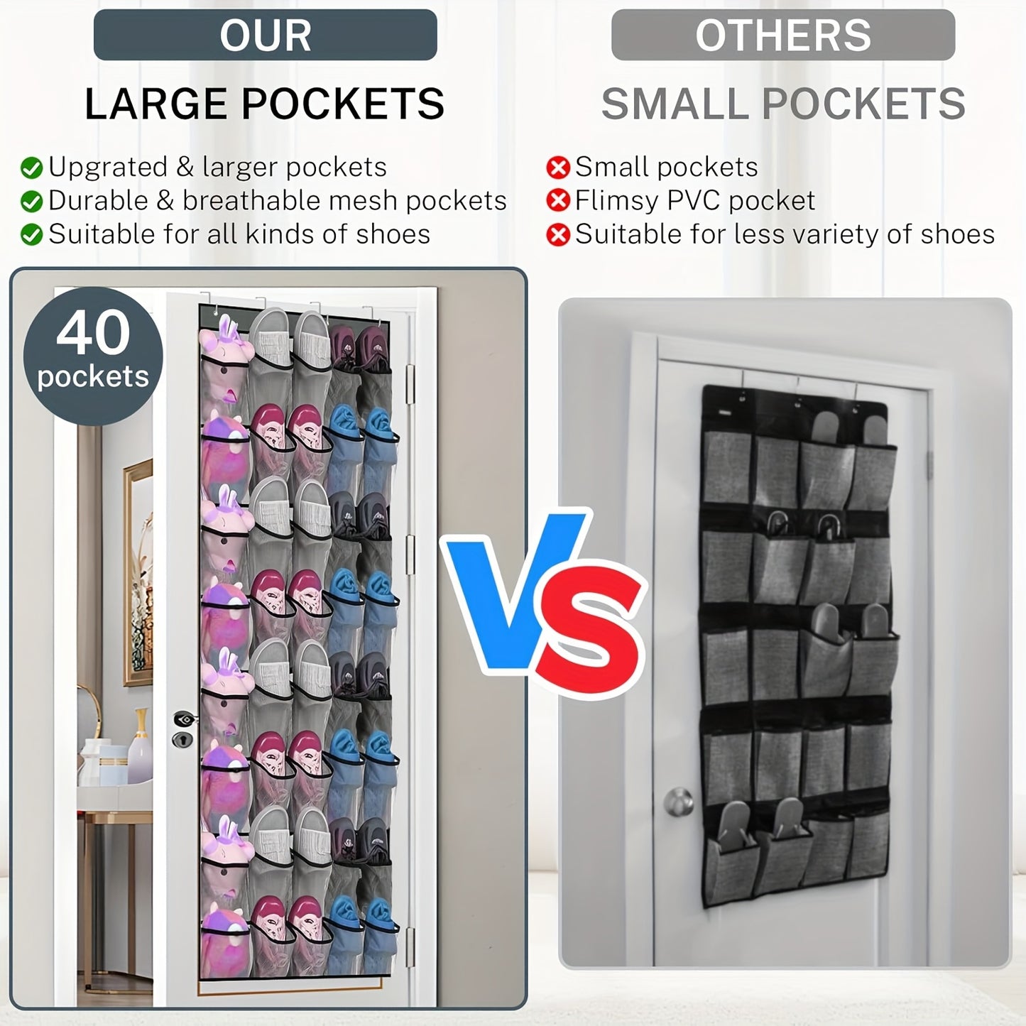 Shoe Organizer For Closet, Over The Door Shoe Organizer, 40 Large Breathable Mesh Pockets, Space Saving Hanging Storage Holder, 4 Hook Closet Rack Hanger, Hangs On Closets For Shoes, Accessories 76.4H X 26.4W.Shoe Rack Organizer