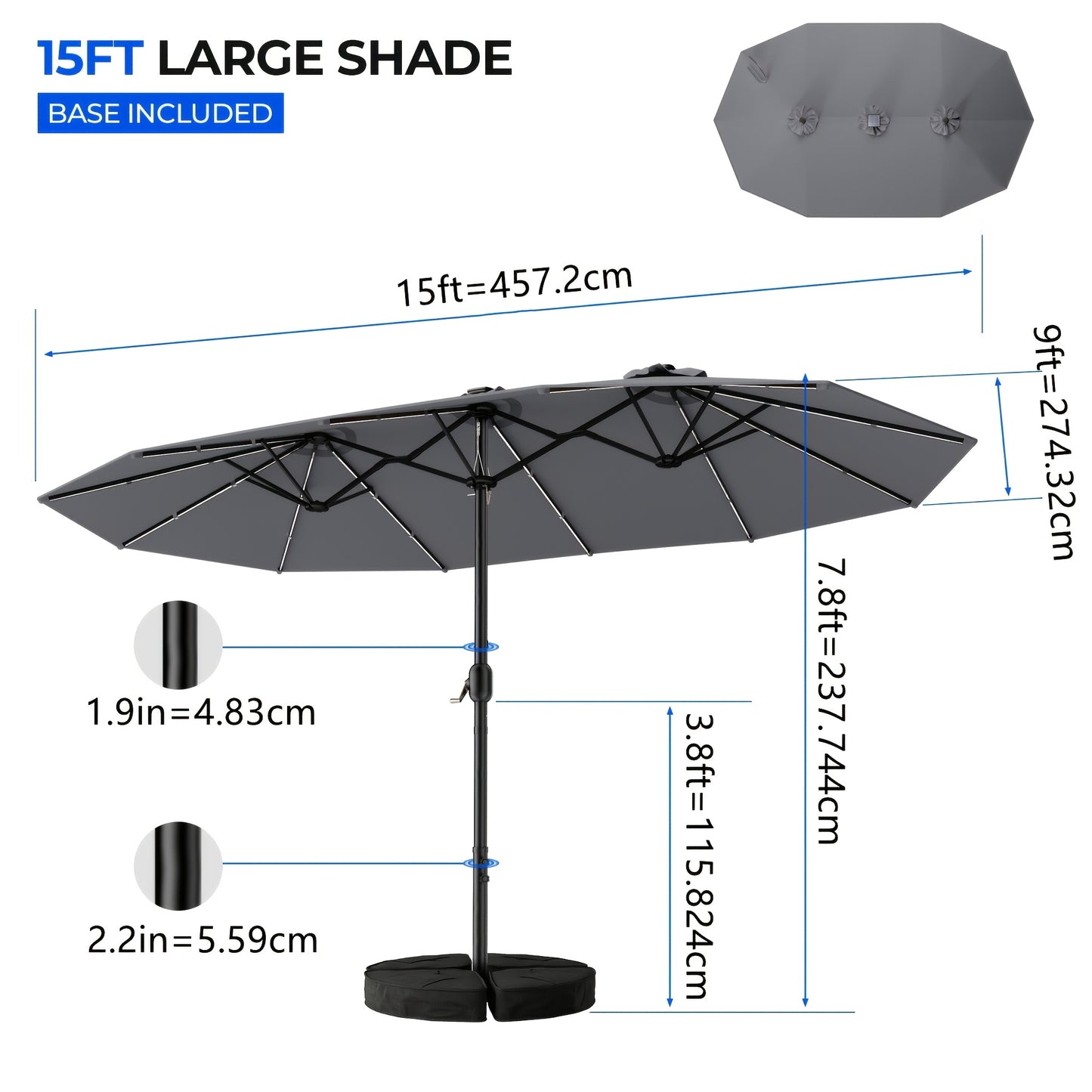 15ft Outdoor Double Sided Patio Umbrella With Base And 48 Solar LED Lights Lighted, 10 Hours Of Lighting, Large Patio Umbrella With Crank Handle, Market Table Umbrella, Powerful UV Protective, 12 Heavy-duty Ribs, For Lawn Garden, Deck, Poolside.