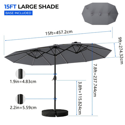 15ft Outdoor Double Sided Patio Umbrella With Base And 48 Solar LED Lights Lighted, 10 Hours Of Lighting, Large Patio Umbrella With Crank Handle, Market Table Umbrella, Powerful UV Protective, 12 Heavy-duty Ribs, For Lawn Garden, Deck, Poolside.
