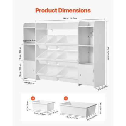 VEVOR 4-Tier Kids Toy Storage and Bookshelf with 8 Flexible Plastic Bins White 44-48inch/54-58inch