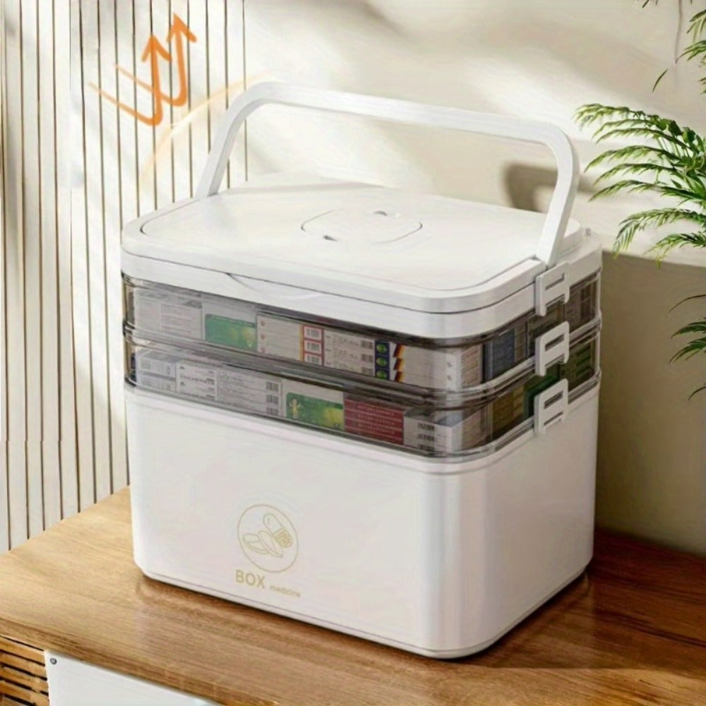 Medicine Storage Box Multi-Layer Large Capacity with Portable Pill Box, Adjustable Dividers, Moisture-Proof Cover & Safety Handle, Home Bathroom Travel Pill Organizer for Vitamins and Supplements (White)