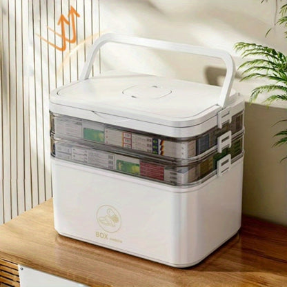 Medicine Storage Box Multi-Layer Large Capacity with Portable Pill Box, Adjustable Dividers, Moisture-Proof Cover & Safety Handle, Home Bathroom Travel Pill Organizer for Vitamins and Supplements (White)