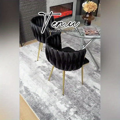 Velvet Dining Chairs Set of 2, Accent Chairs With Golden Metal Legs, Woven Upholstered, For Living Room/Bedroom/Kitchen