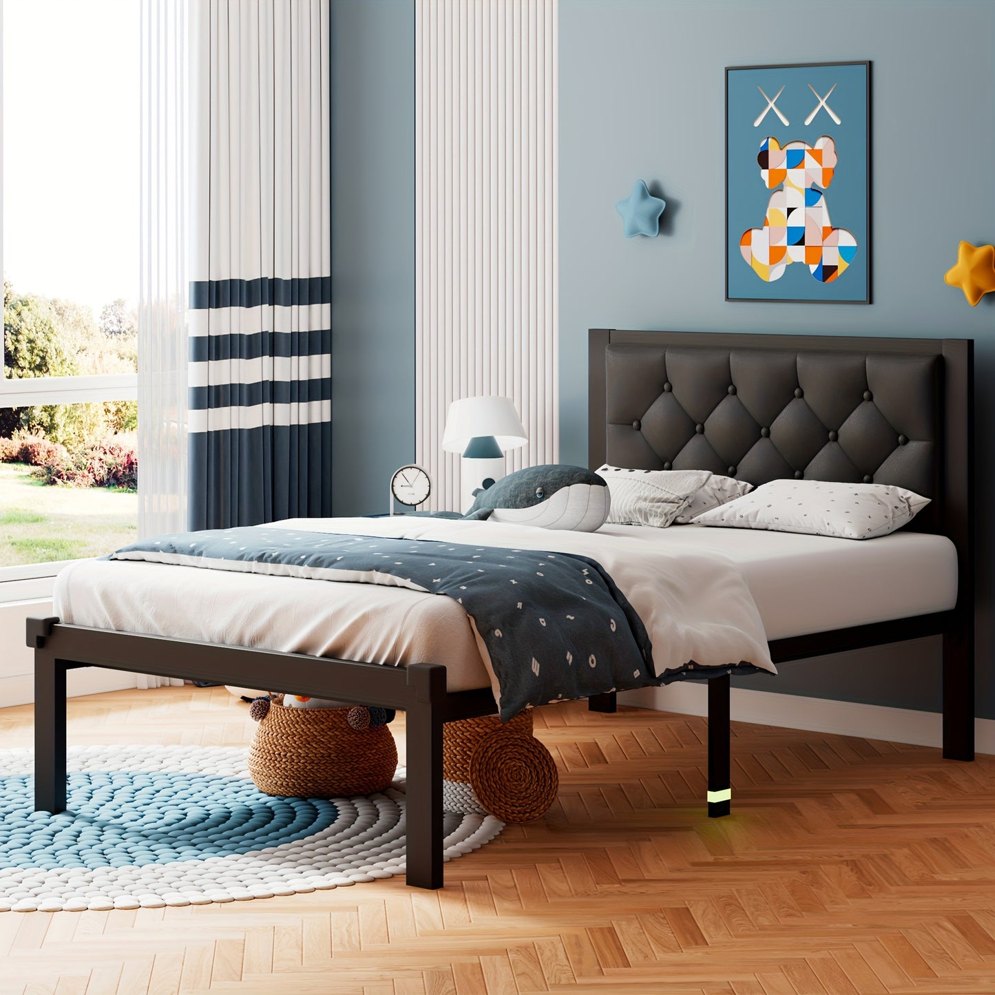 Metal Bed Structure, Platform Style with a Button-Tufted Headboard, Featuring 12 Inches of Space Underneath, Supported by Steel Slats, And Designed for Easy Assembly
