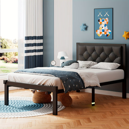 Metal Bed Structure, Platform Style with a Button-Tufted Headboard, Featuring 12 Inches of Space Underneath, Supported by Steel Slats, And Designed for Easy Assembly