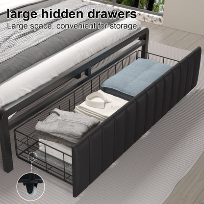 Metal Platform Bed Frame with 2 - Tier Storage Headboard, Hidden Drawers & 12" Under - Bed Space, Full/Queen Size, Black