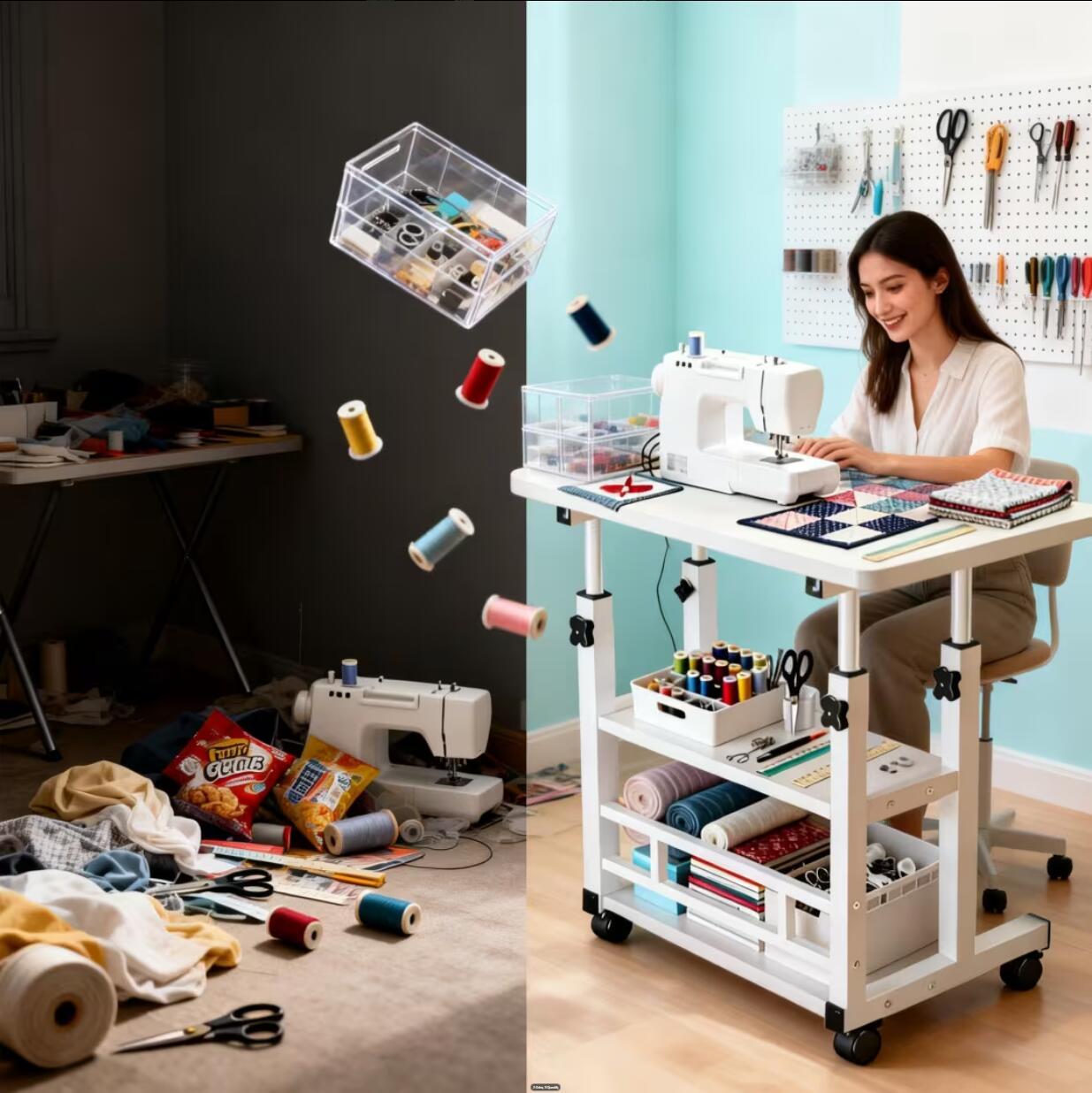 Adjustable Height Wheeled Mobile Table | Movable Multi-Purpose Side Table/Folding Table With Reinforced Frame And Lockable Wheels, Sewing Table With Lift Stand, Available In Black/White - Ideal For Bedrooms, Living Rooms, Studies, Small Spaces