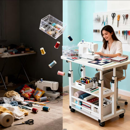 Adjustable Height Wheeled Mobile Table | Movable Multi-Purpose Side Table/Folding Table With Reinforced Frame And Lockable Wheels, Sewing Table With Lift Stand, Available In Black/White - Ideal For Bedrooms, Living Rooms, Studies, Small Spaces