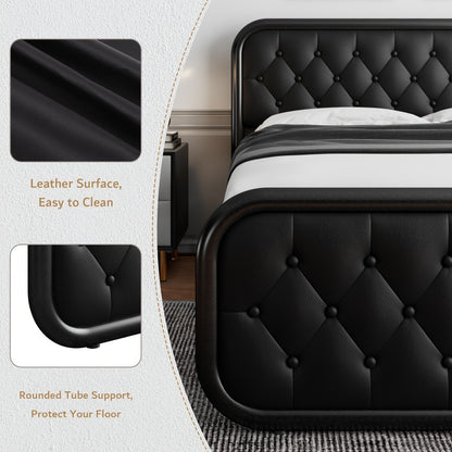 Metal Platform Bed Frame with Faux Leather Headboard Heavy Duty Steel Slats 12 Inch Under Bed Storage Space Easy Assembly Full Queen King Black